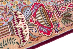 Backside of handmade 1960s Kashmar rug showing knot structure and weave density