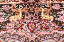 Corner detail of 1960s Kashmar rug showing border pattern and Wool pile