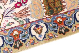 Backside of handmade 1975s Kashmar rug showing knot structure and weave density
