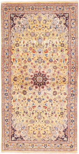 Full view of 1977s Kashmar rug from Iran / Persia, 208 × 105 cm in Cream tones