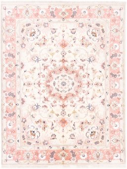 Full view of 1985s Kashmar rug from Iran / Persia, 190 × 145 cm in Cream tones