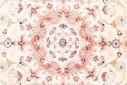 Full view of 1985s Kashmar rug from Iran / Persia, 190 × 145 cm in Cream tones
