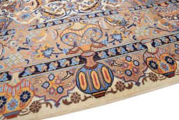 Backside of handmade 1990s Kashmar rug showing knot structure and weave density
