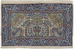 Full view of 1960s Kerman rug from Iran / Persia, 89 × 55 cm in Cream tones