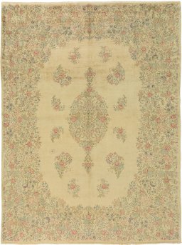 Full view of 1960s Kerman rug from Iran / Persia, 411 × 303 cm in Cream tones