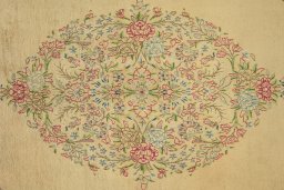 Full view of 1960s Kerman rug from Iran / Persia, 411 × 303 cm in Cream tones