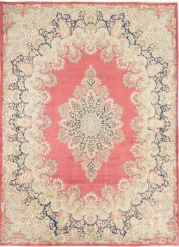 Full view of 1950s Kerman rug from Iran / Persia, 415 × 310 cm in Red tones