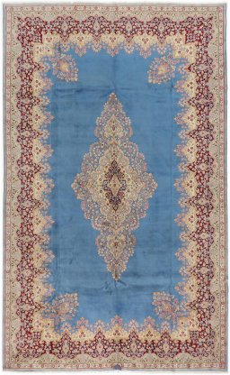 Full view of 1960s Kerman rug from Iran / Persia, 486 × 298 cm in Blue tones