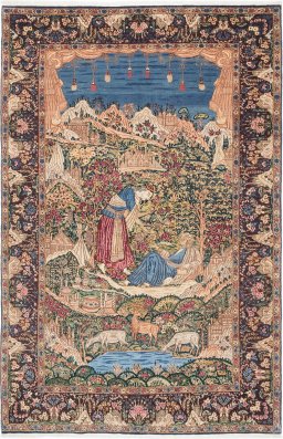 Full view of 1960s Kerman rug from Iran / Persia, 217 × 141 cm in Multi Color tones