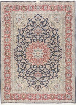 Full view of 1960s Kerman rug from Iran / Persia, 380 × 282 cm in Dark blue tones
