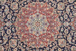 Full view of 1960s Kerman rug from Iran / Persia, 380 × 282 cm in Dark blue tones