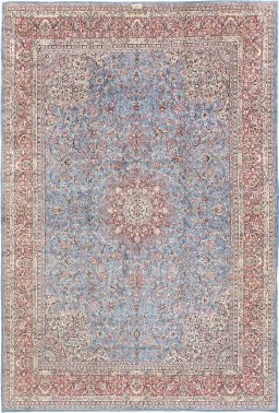 Full view of 1960s Kerman rug from Iran / Persia, 445 × 300 cm in Blue tones