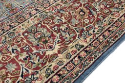 Full view of 1960s Kerman rug from Iran / Persia, 445 × 300 cm in Blue tones
