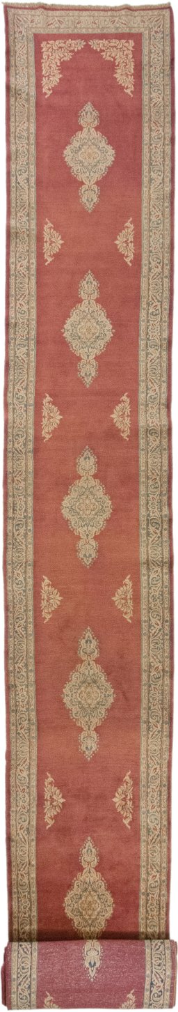 Full view of 1950s Kerman rug from Iran / Persia, 1212 × 107 cm in Red tones