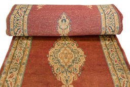 Full view of 1950s Kerman rug from Iran / Persia, 1212 × 107 cm in Red tones