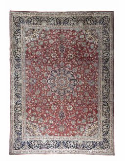 Full view of 2000s Kerman rug from Iran / Persia, 410 × 296 cm in Red tones