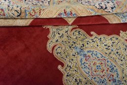 Close-up detail of 2000s Kerman rug from Iran / Persia showing Wool weave