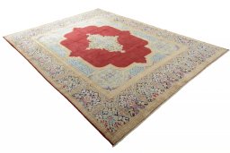 Close-up detail of 2000s Kerman rug from Iran / Persia showing Wool weave