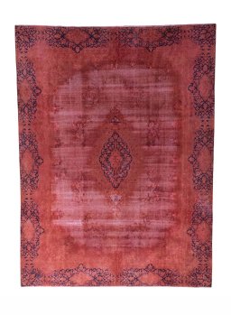 Full view of 1970s Kerman rug from Iran / Persia, 361 × 271 cm in Red tones