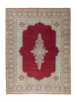 Full view of 2000s Kerman rug from Iran / Persia, 365 × 278 cm in Red tones