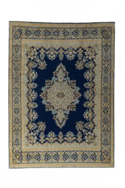 Full view of 2000s Kerman rug from Iran / Persia, 400 × 295 cm in Blue tones