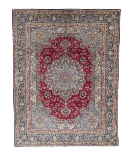 Full view of 1950s Kerman rug from Iran / Persia, 457 × 355 cm in Red tones