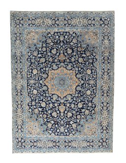 Full view of 2000s Kerman rug from Iran / Persia, 414 × 302 cm in Blue tones