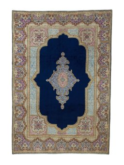 Full view of 1970s Kerman rug from Iran / Persia, 390 × 271 cm in Blue tones