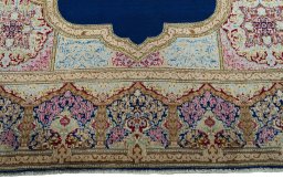 Full view of 1970s Kerman rug from Iran / Persia, 390 × 271 cm in Blue tones