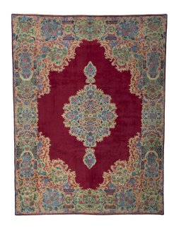Full view of 1950s Kerman rug from Iran / Persia, 395 × 302 cm in Red tones