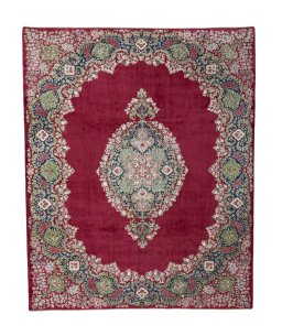 Full view of 1970s Kerman rug from Iran / Persia, 375 × 307 cm in Red tones