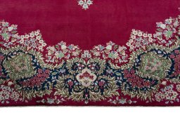Full view of 1970s Kerman rug from Iran / Persia, 375 × 307 cm in Red tones