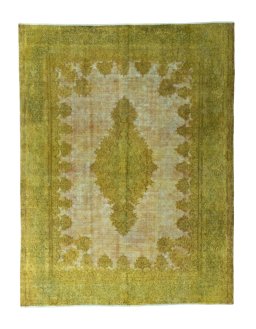 Full view of 1970s Kerman rug from Iran / Persia, 374 × 285 cm in Yellow tones