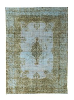 Full view of 1970s Kerman rug from Iran / Persia, 413 × 300 cm in Blue tones
