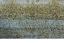 Full view of 1970s Kerman rug from Iran / Persia, 413 × 300 cm in Blue tones