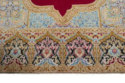 Full view of 1970s Kerman rug from Iran / Persia, 387 × 275 cm in Red tones