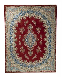 Full view of 2000s Kerman rug from Iran / Persia, 362 × 278 cm in Red tones