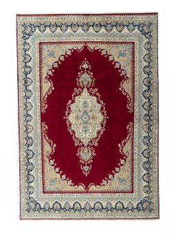 Full view of 2000s Kerman rug from Iran / Persia, 391 × 270 cm in Red tones