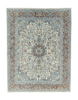 Full view of 2000s Kerman rug from Iran / Persia, 283 × 218 cm in Beige tones