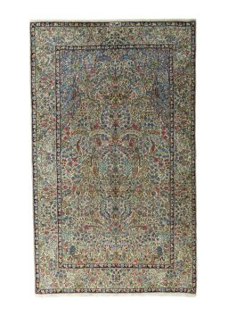 Full view of 2000s Kerman rug from Iran / Persia, 255 × 153 cm in Beige tones
