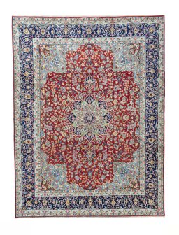 Full view of 2000s Kerman rug from Iran / Persia, 407 × 307 cm in Red tones