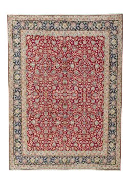 Full view of 2000s Kerman rug from Iran / Persia, 416 × 306 cm in Red tones