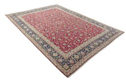 Close-up detail of 2000s Kerman rug from Iran / Persia showing Wool weave