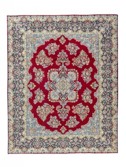Full view of 2000s Kerman rug from Iran / Persia, 385 × 310 cm in Red tones