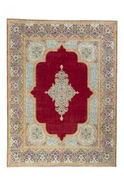 Full view of 2000s Kerman rug from Iran / Persia, 367 × 278 cm in Red tones