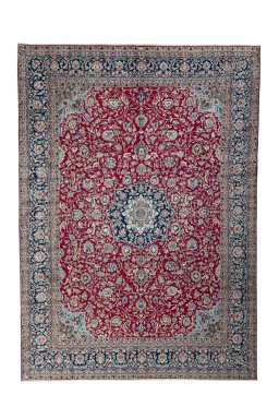 Full view of 2000s Kerman rug from Iran / Persia, 417 × 300 cm in Red tones