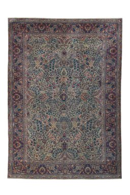 Full view of 1930s Kerman rug from Iran / Persia, 422 × 300 cm in Beige tones