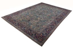 Corner detail of 1930s Kerman rug showing border pattern and Wool pile