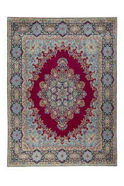 Full view of 1970s Kerman rug from Iran / Persia, 405 × 300 cm in Red tones