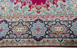 Full view of 1970s Kerman rug from Iran / Persia, 405 × 300 cm in Red tones